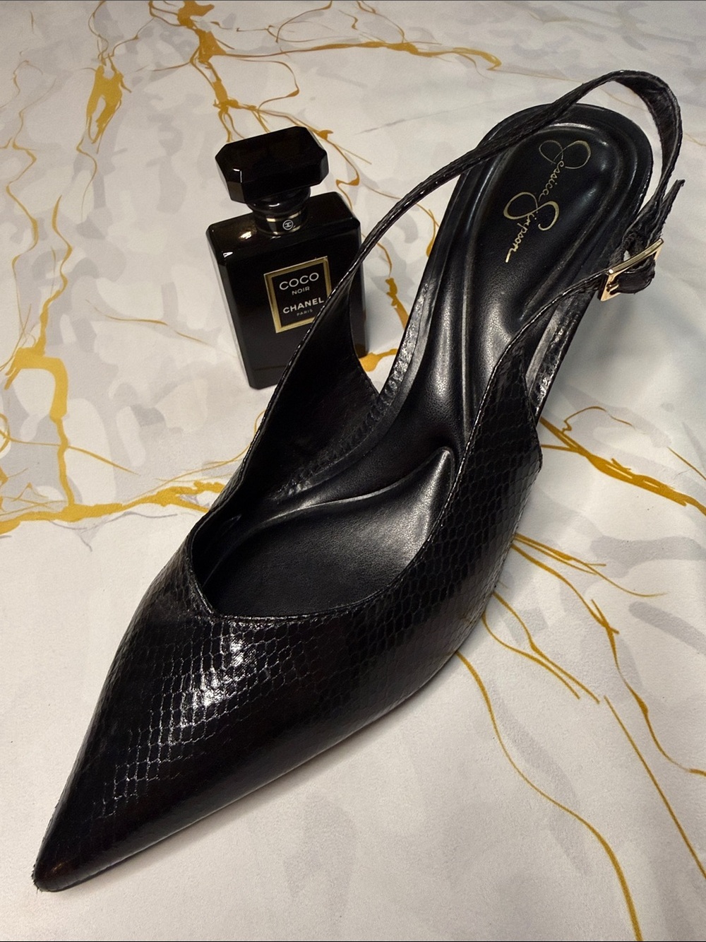 Jessica Simpson Black Pointed Slingback Mules with Snakeskin Texture